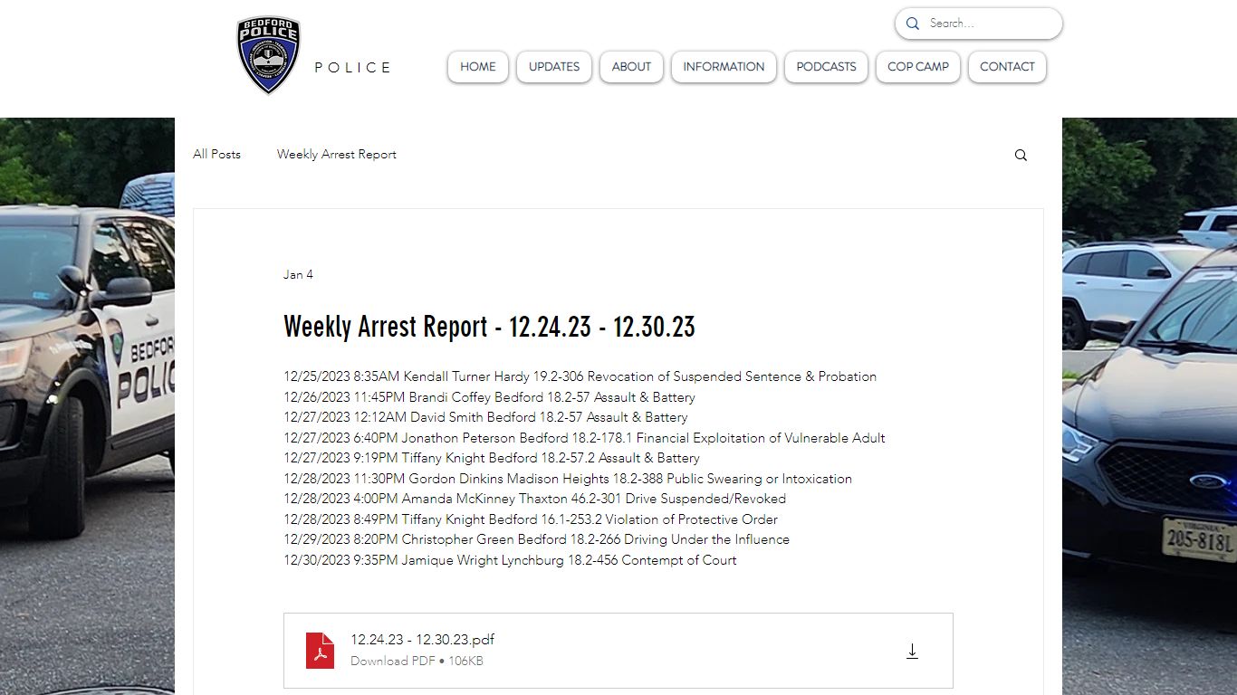 Weekly Arrest Report - 12.24.23 - 12.30.23 - Bedford PD